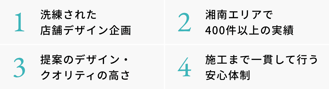 1.洗練された店舗デザイン企画 2.湘南エリアで400件以上の実績 3.提案のデザイン・クオリティの高さ 4.施工まで一貫して行う安心体制